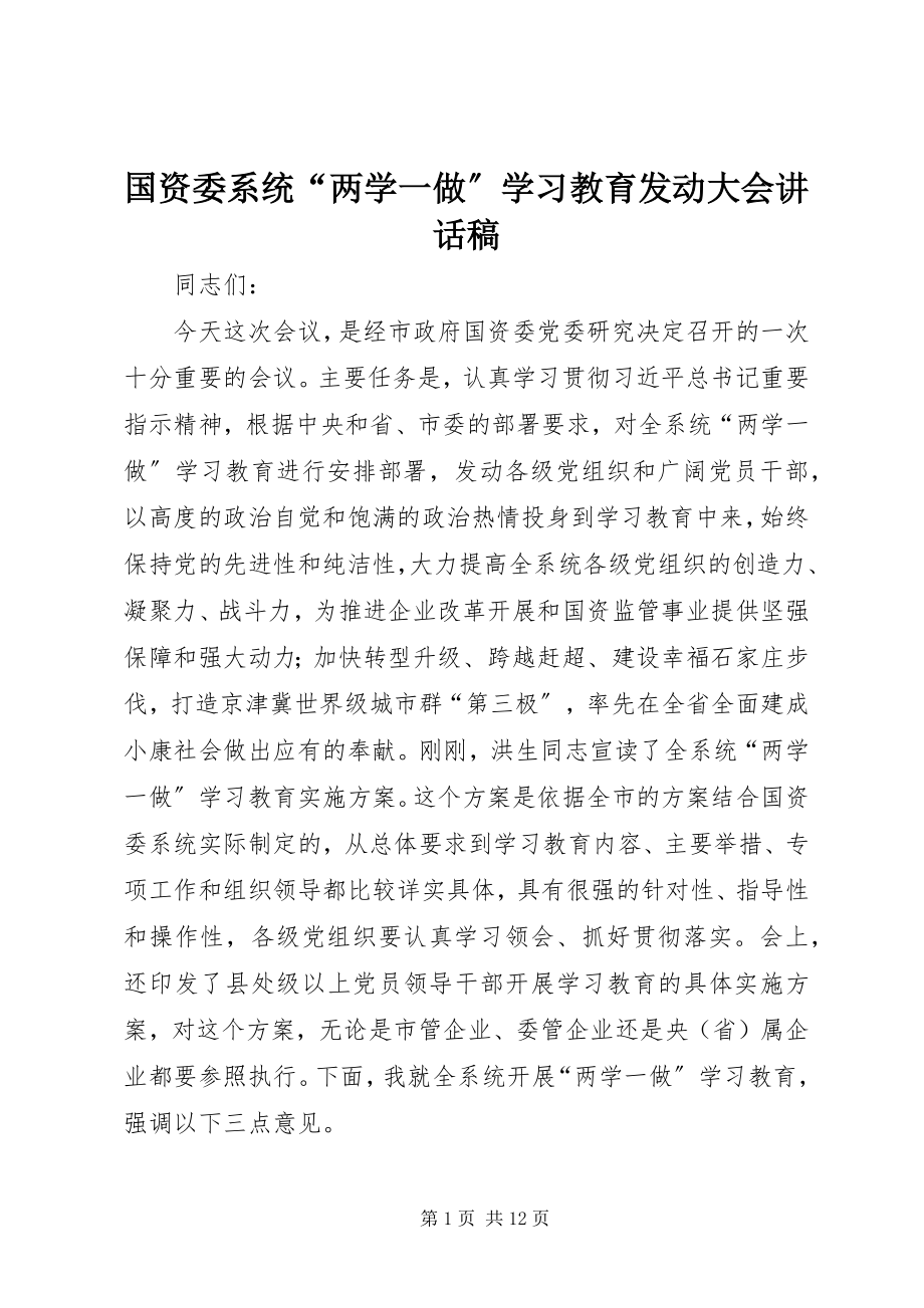 2023年国资委系统“两学一做”学习教育动员大会致辞稿.docx_第1页