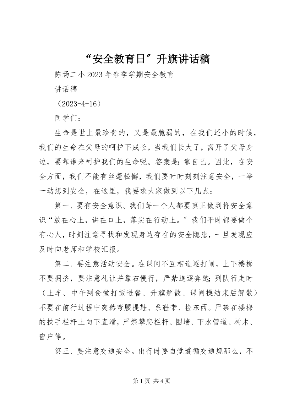 2023年安全教育日升旗致辞稿.docx_第1页