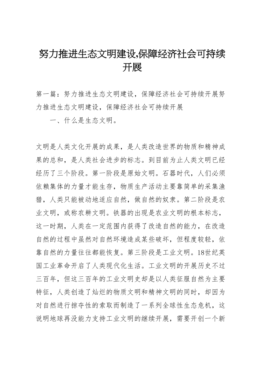 2023年努力推进生态文明建设,保障经济社会可持续发展.doc_第1页