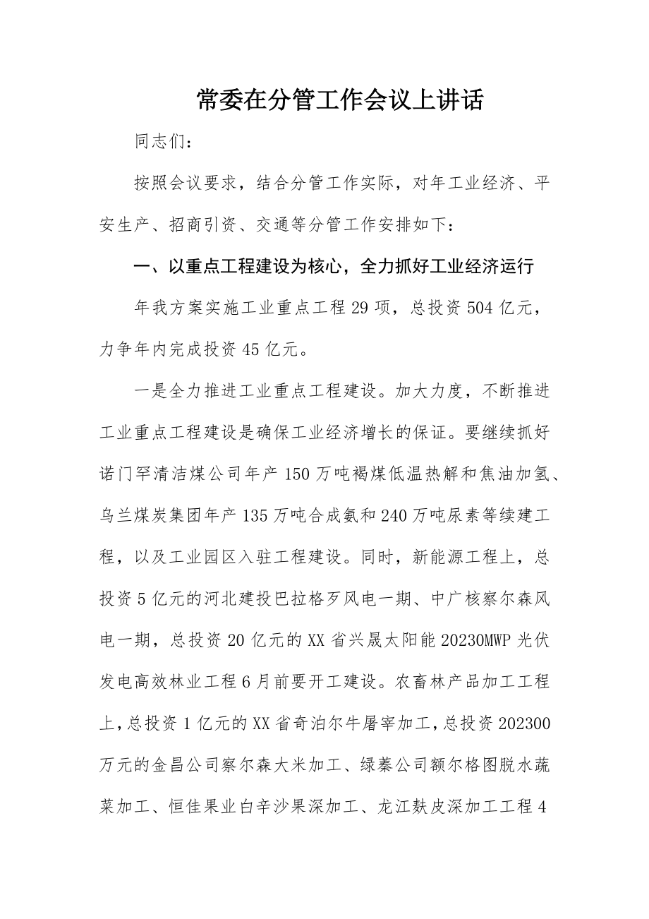 2023年常委在分管工作会议上致辞新编.docx_第1页