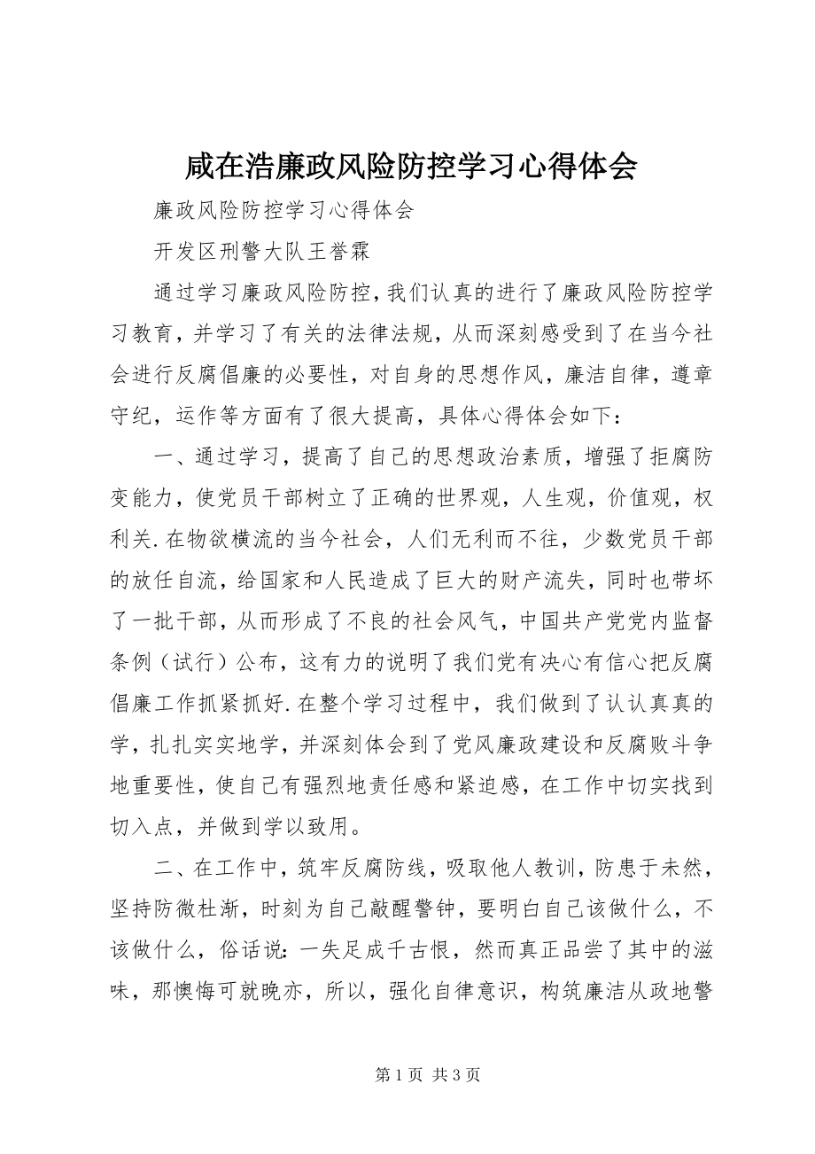 2023年咸在浩廉政风险防控学习心得体会.docx_第1页