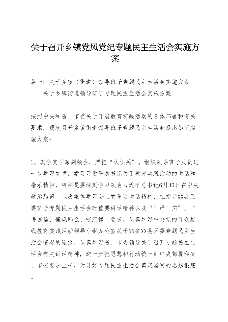 2023年关于召开乡镇党风党纪专题民主生活会实施方案.doc_第1页