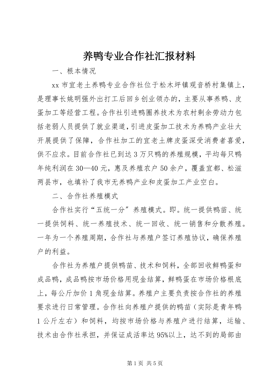 2023年养鸭专业合作社汇报材料.docx_第1页