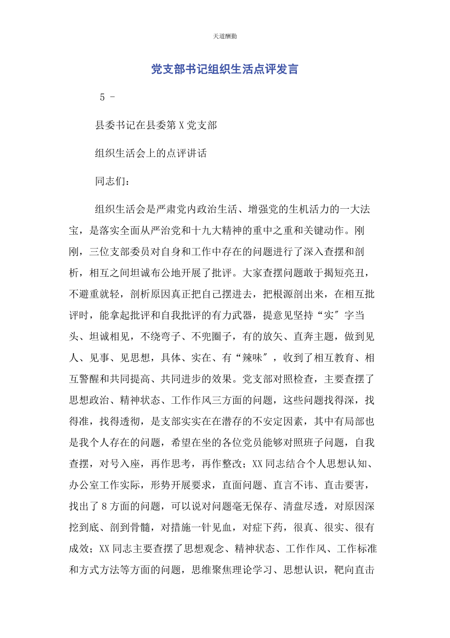 2023年党支部书记组织生活点评发言2.docx_第1页