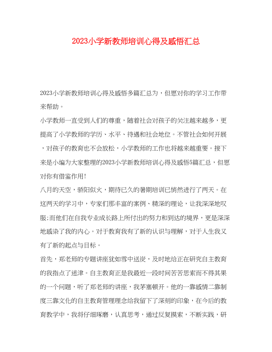 2023年小学新教师培训心得及感悟汇总.docx_第1页