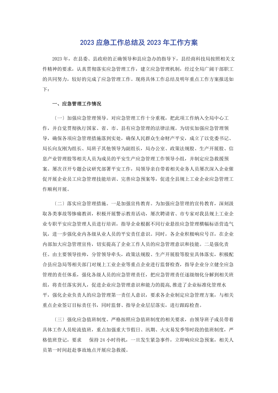 2023年应急工作总结及工作计划.docx_第1页