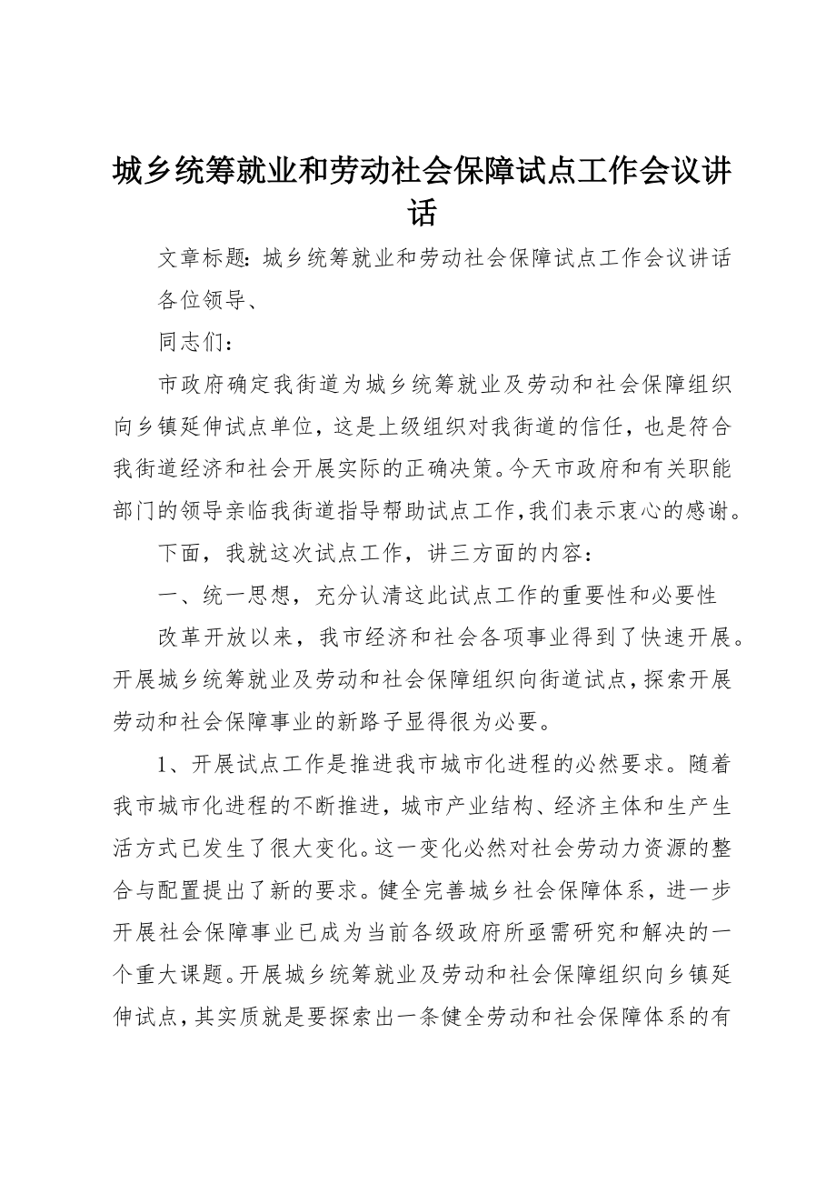 2023年城乡统筹就业和劳动社会保障试点工作会议致辞.docx_第1页