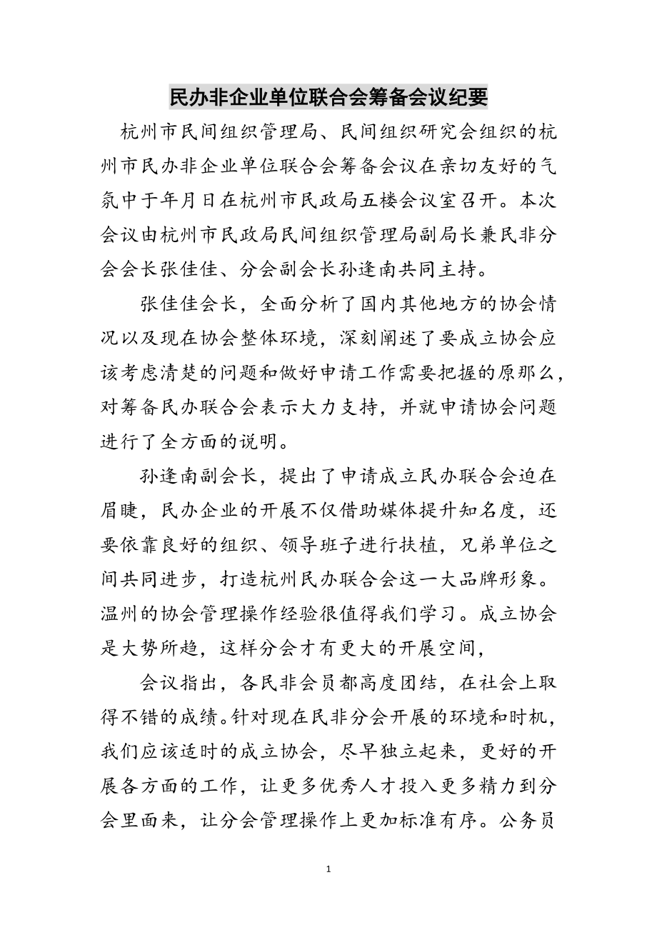 2023年民办非企业单位联合会筹备会议纪要范文.doc_第1页