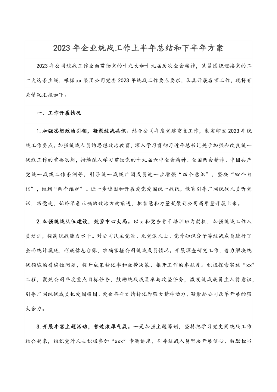 2023年企业统战工作上半年总结和下半年计划.docx_第1页