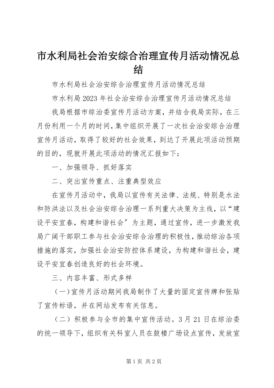 2023年市水利局社会治安综合治理宣传月活动情况总结.docx_第1页