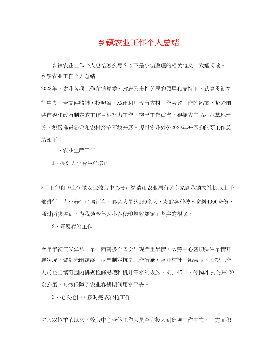 2023年乡镇农业工作个人总结.docx_第1页