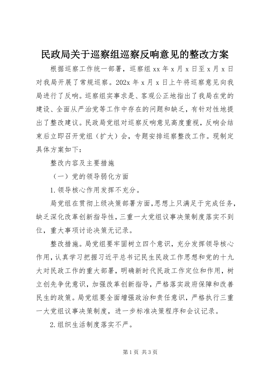 2023年民政局巡察组巡察反馈意见的整改方案.docx_第1页