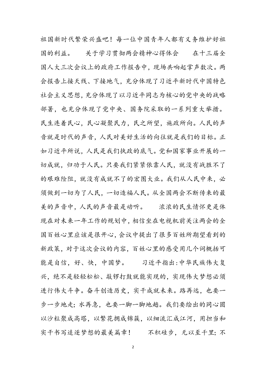 2023年关于学习贯彻两会精神心得体会三篇.docx_第2页