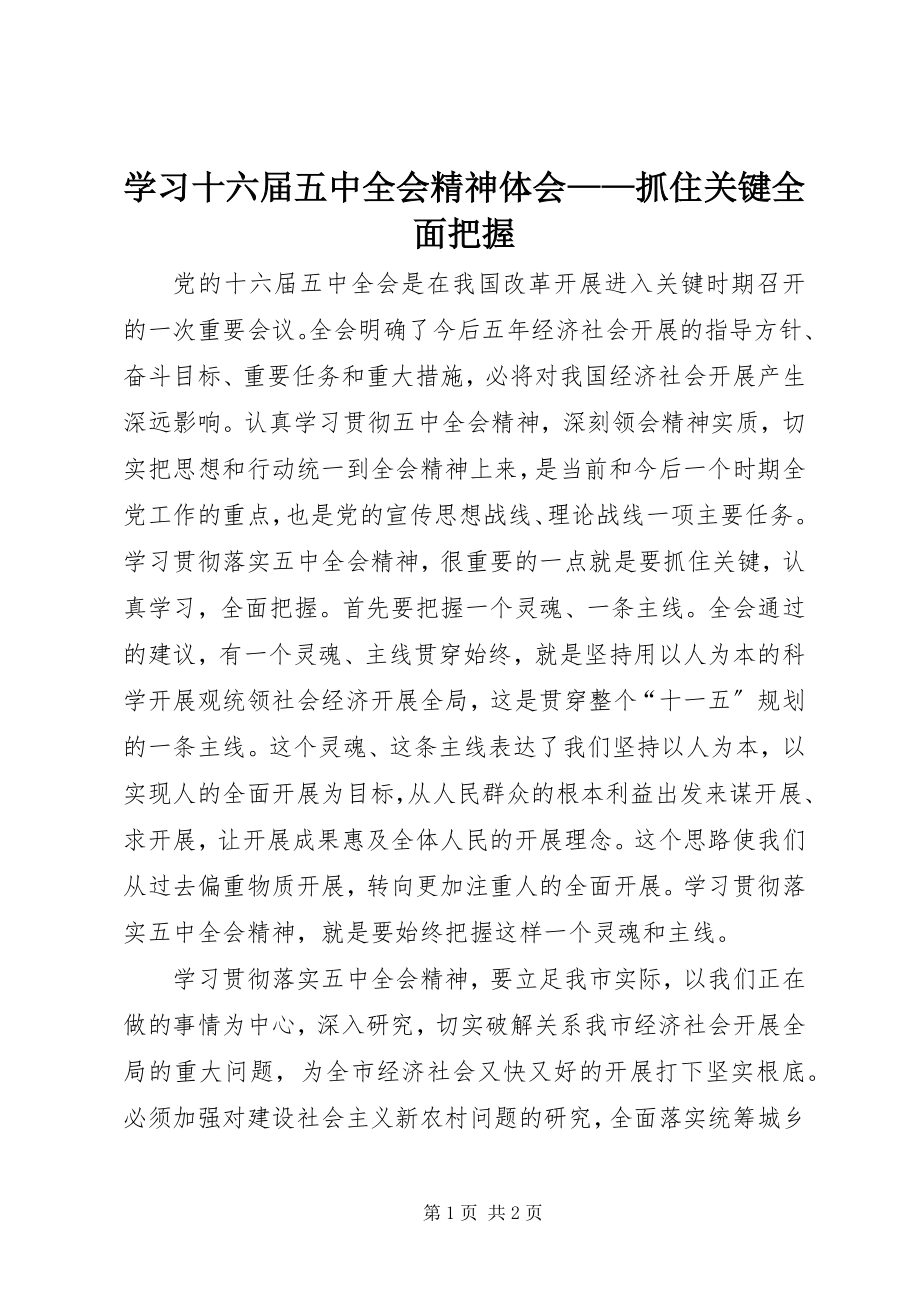 2023年学习十六届五中全会精神体会抓住关键全面把握.docx_第1页