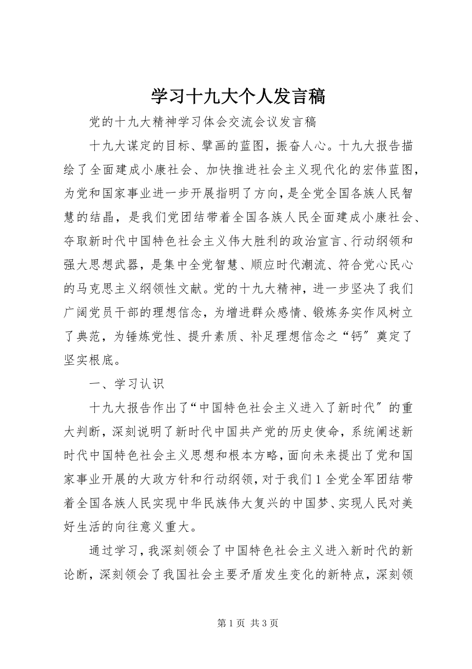 2023年学习十九大个人讲话稿.docx_第1页