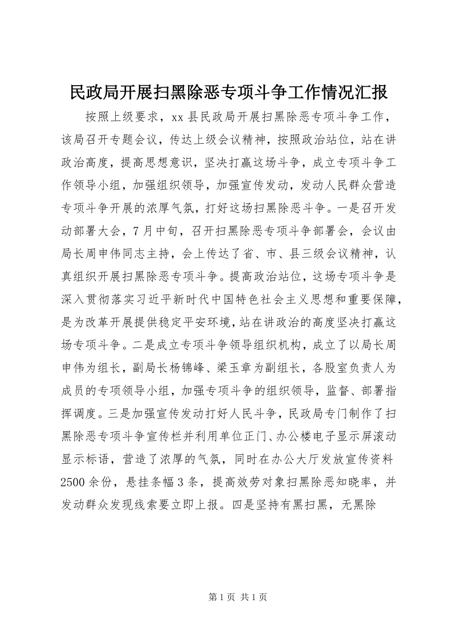 2023年民政局开展扫黑除恶专项斗争工作情况汇报.docx_第1页