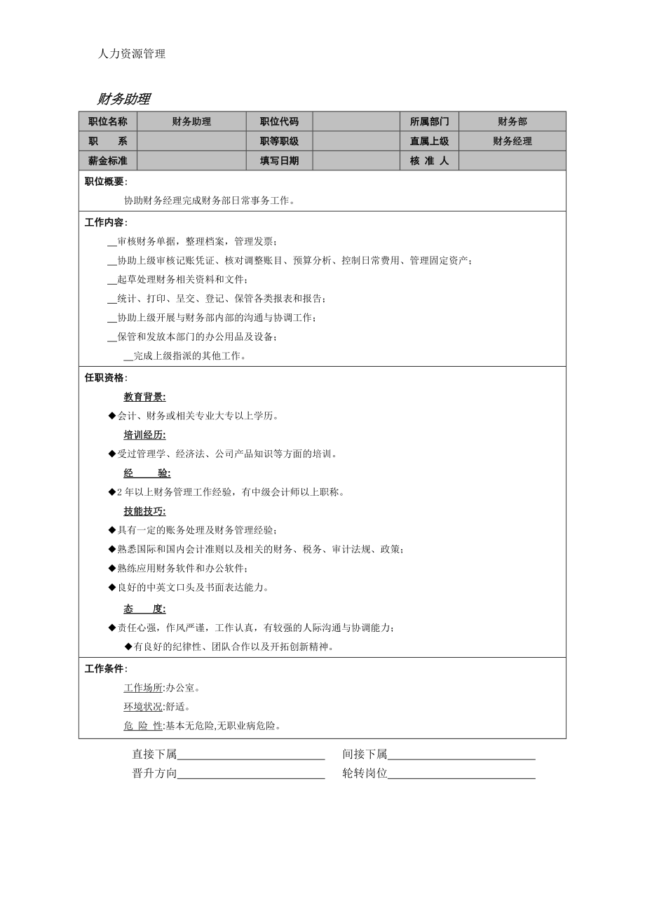 人力资源管理 企业管理 岗位说明 财务助理.docx_第1页