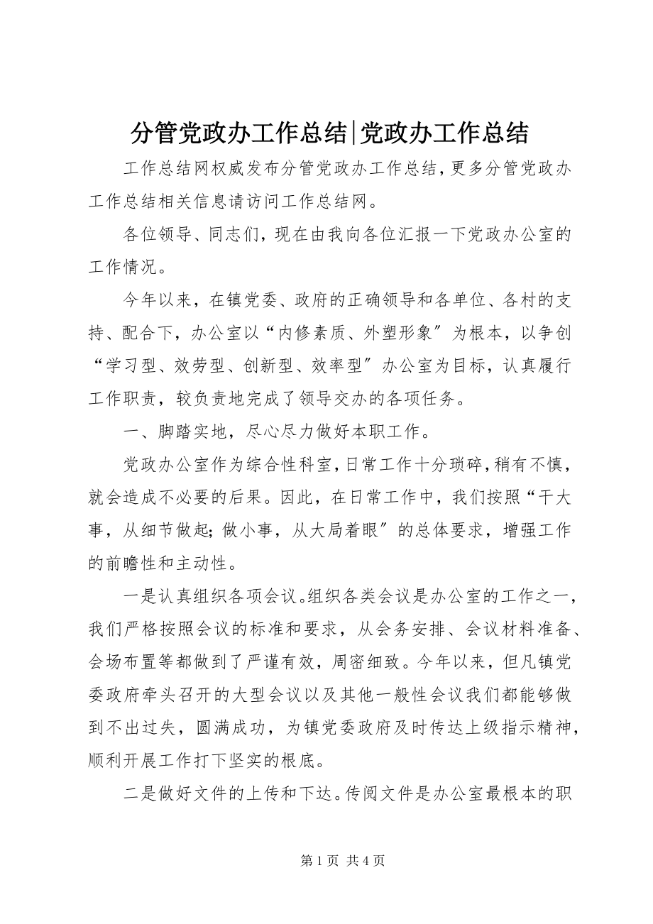 2023年分管党政办工作总结党政办工作总结.docx_第1页