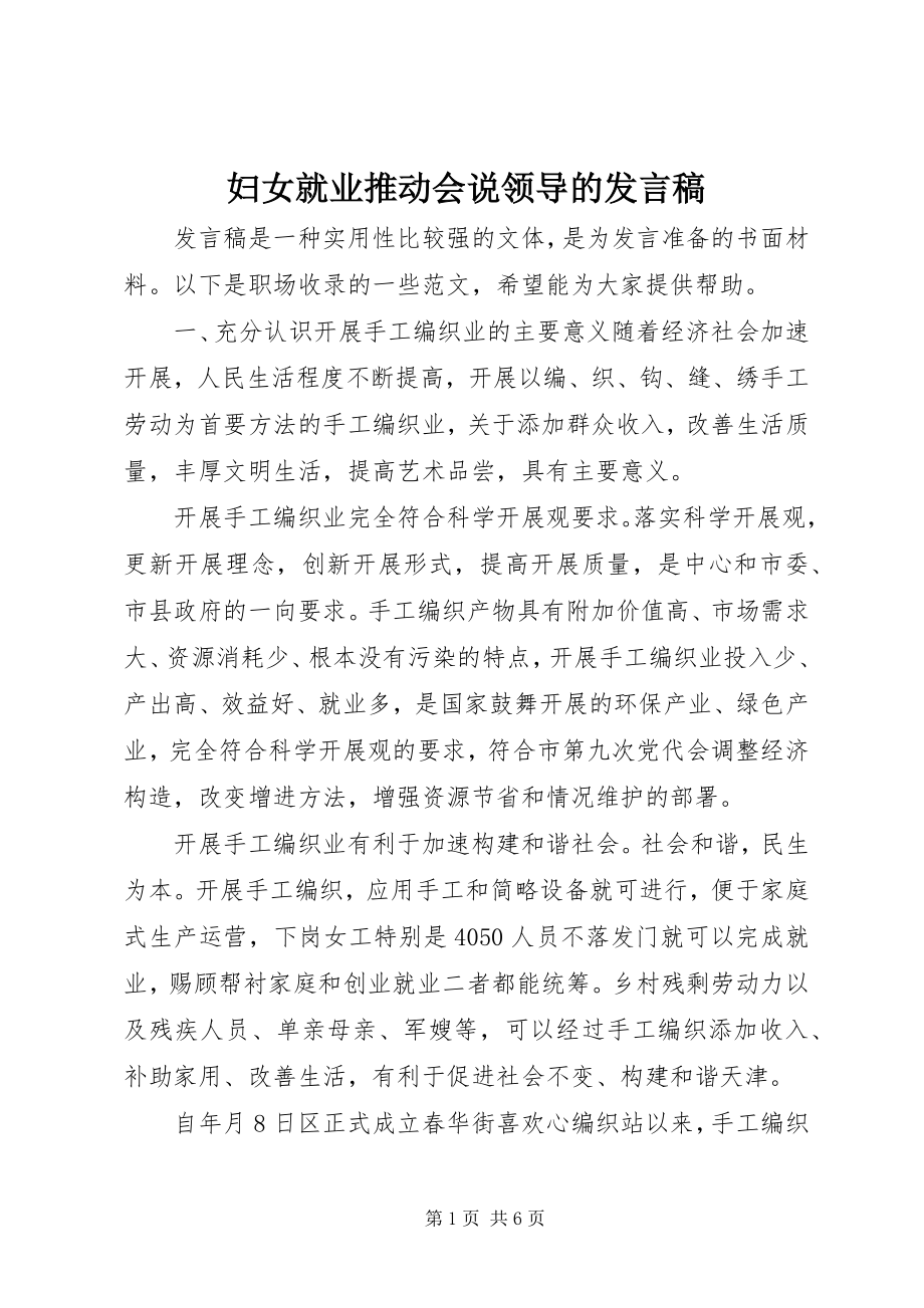 2023年妇女就业推动会说领导的讲话稿.docx_第1页