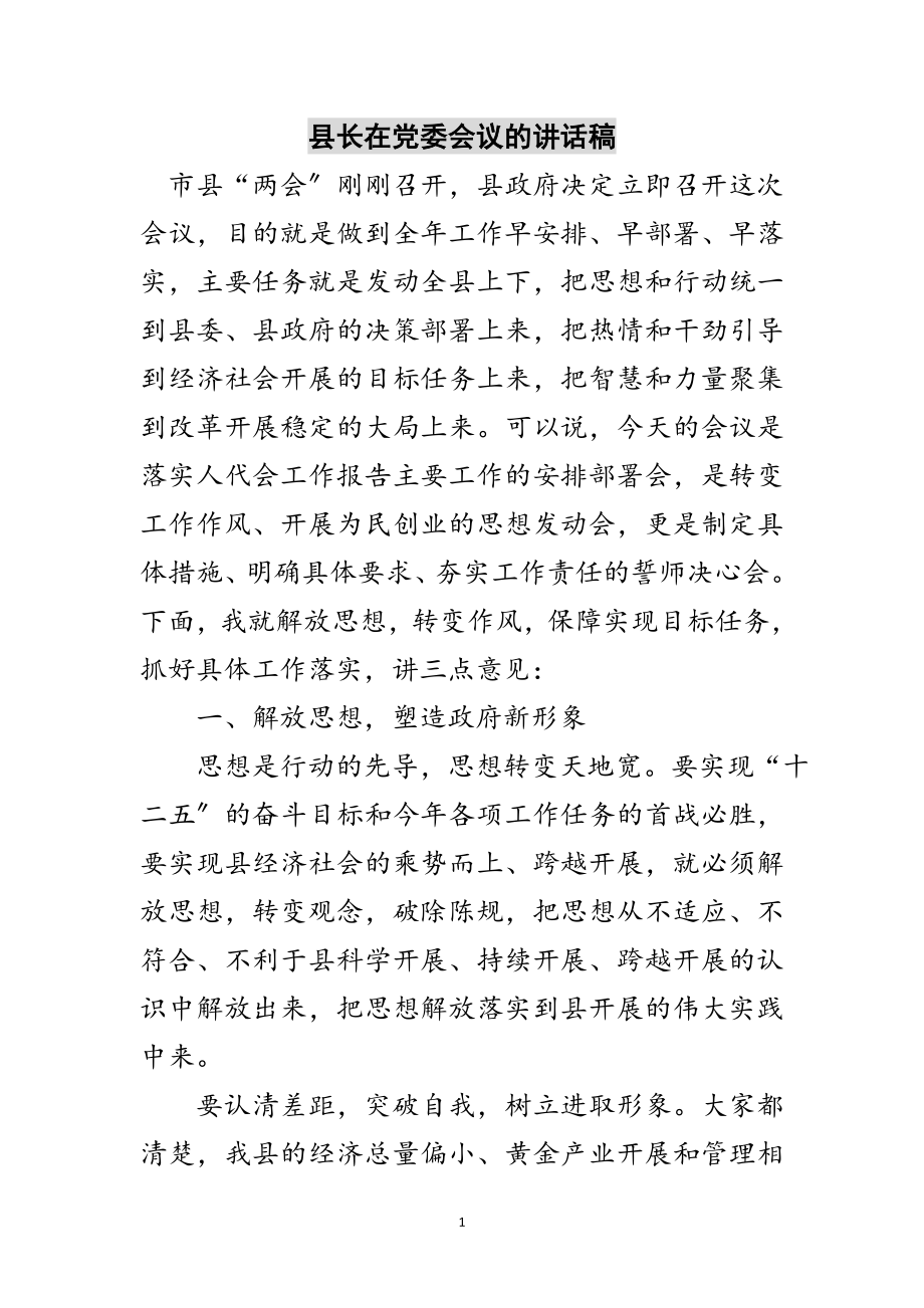 2023年县长在党委会议的讲话稿范文.doc_第1页