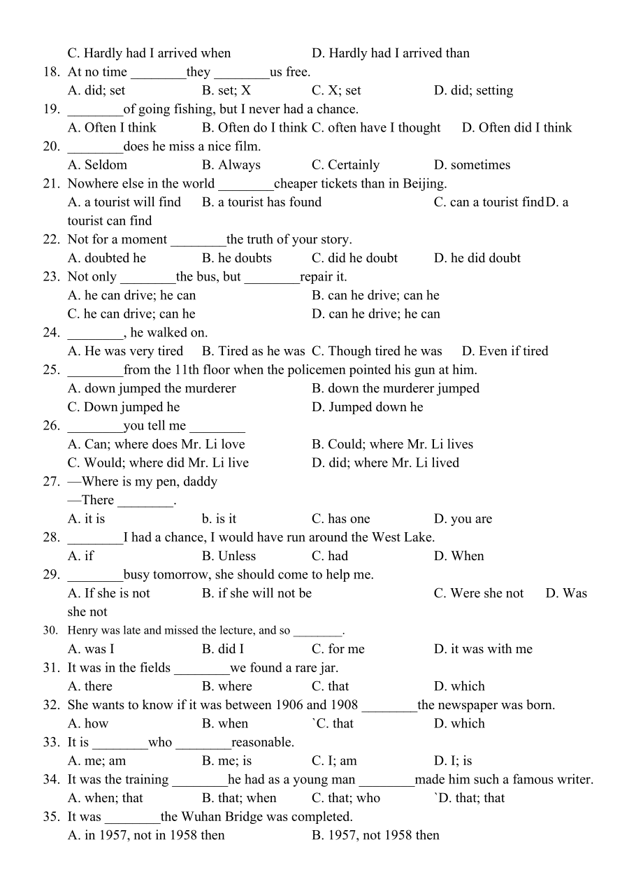 2023年暑期初高中衔接英语语法专项练习V倒装与it含答案2.docx_第2页