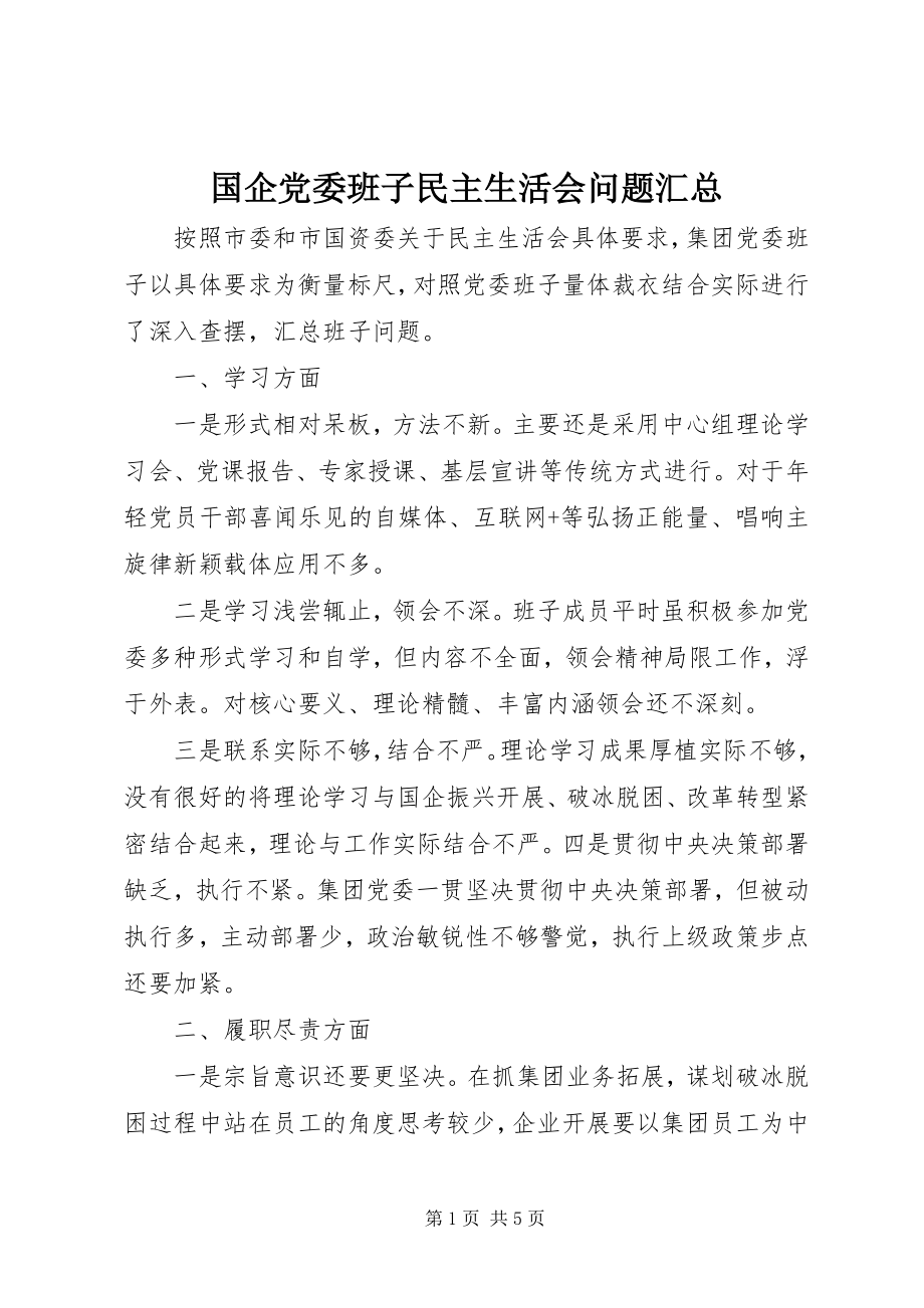 2023年国企党委班子民主生活会问题汇总新编.docx_第1页