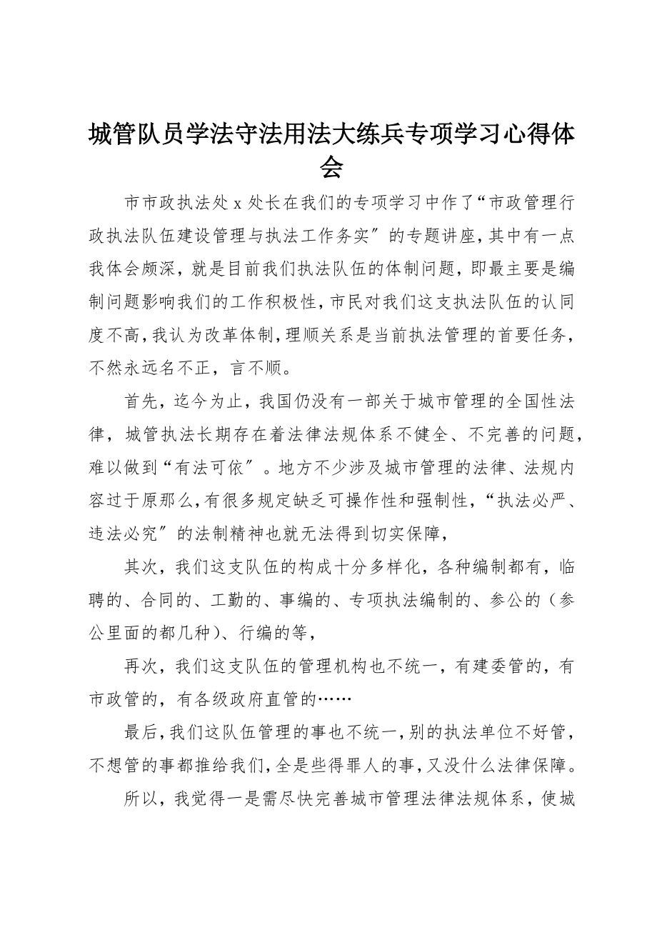 2023年城管队员学法守法用法大练兵专项学习心得体会.docx_第1页