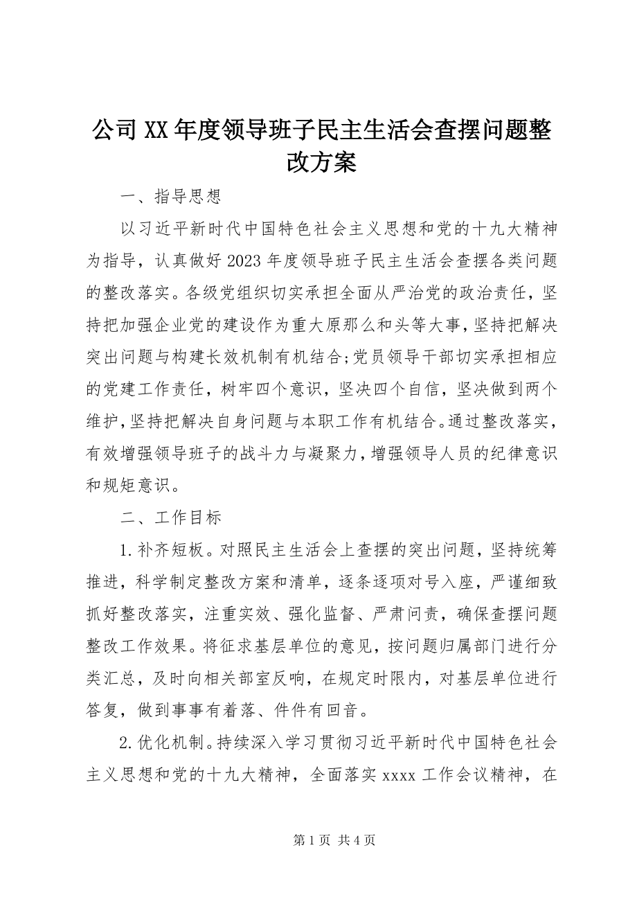 2023年公司某年度领导班子民主生活会查摆问题整改方案.docx_第1页