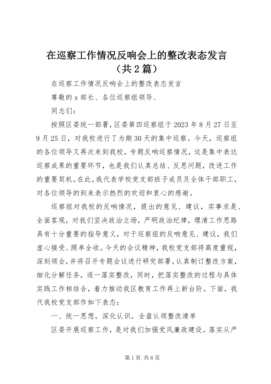 2023年在巡察工作情况反馈会上的整改表态发言（共2篇）.docx_第1页