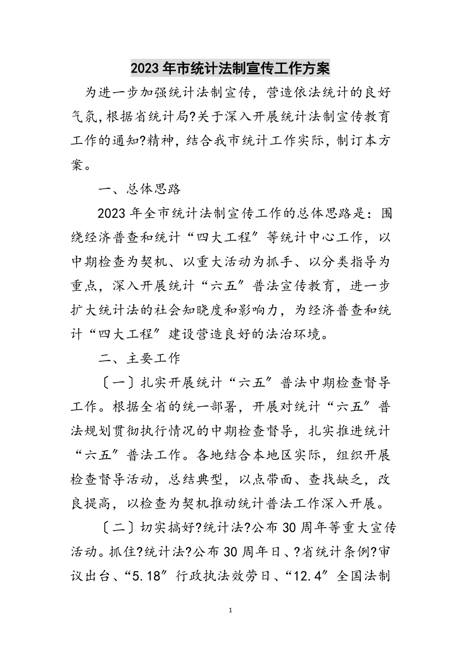 2023年年市统计法制宣传工作计划范文.doc_第1页