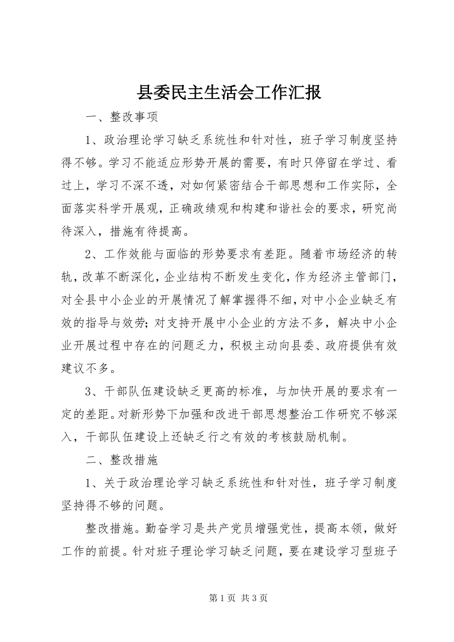 2023年县委民主生活会工作汇报.docx_第1页