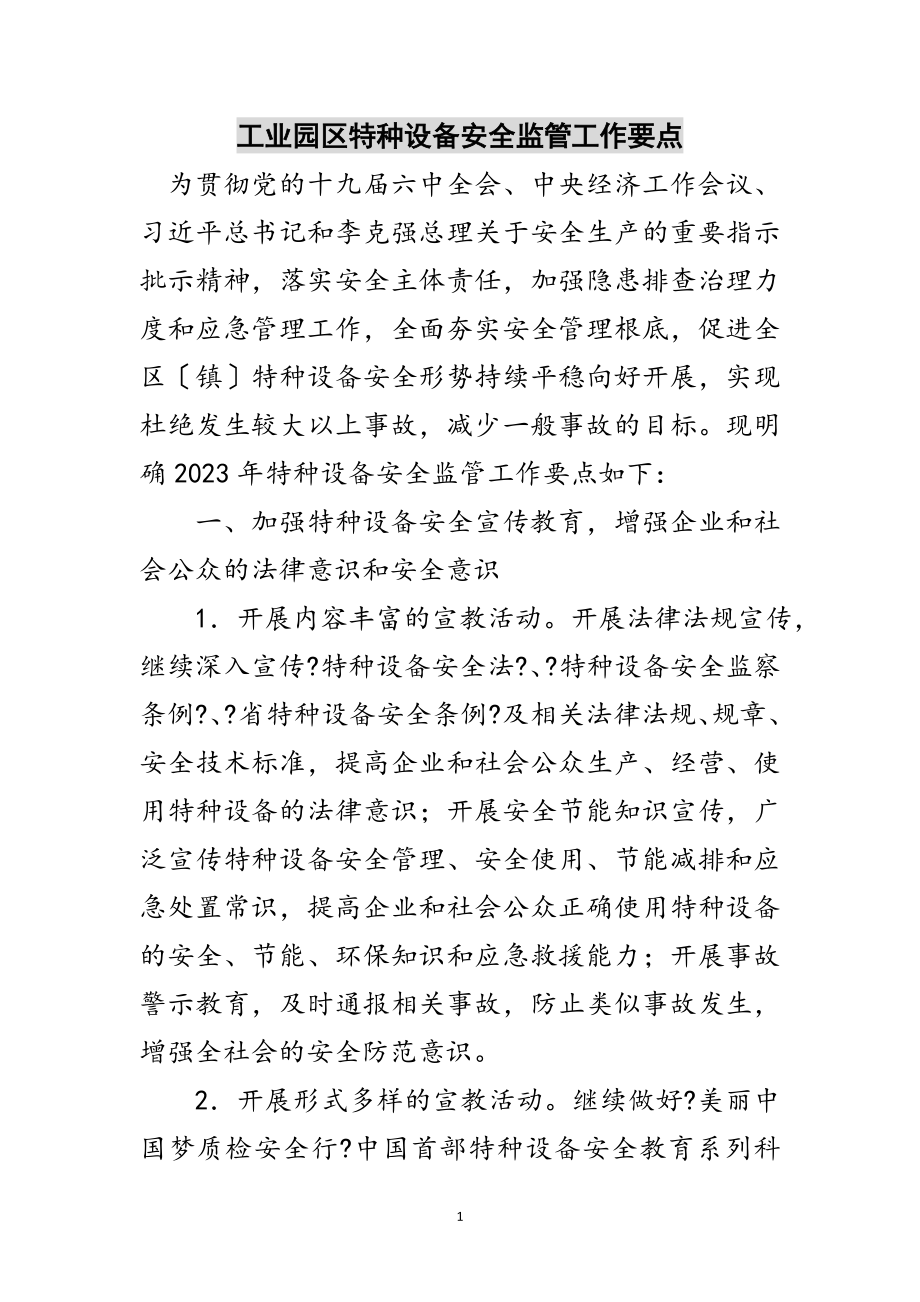 2023年工业园区特种设备安全监管工作要点范文.doc_第1页