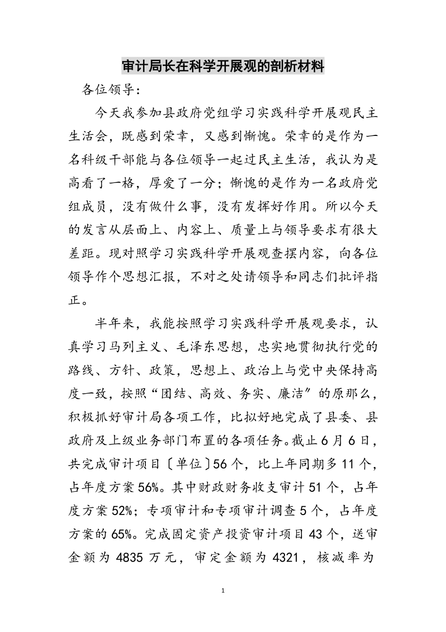 2023年审计局长在科学发展观的剖析材料范文.doc_第1页