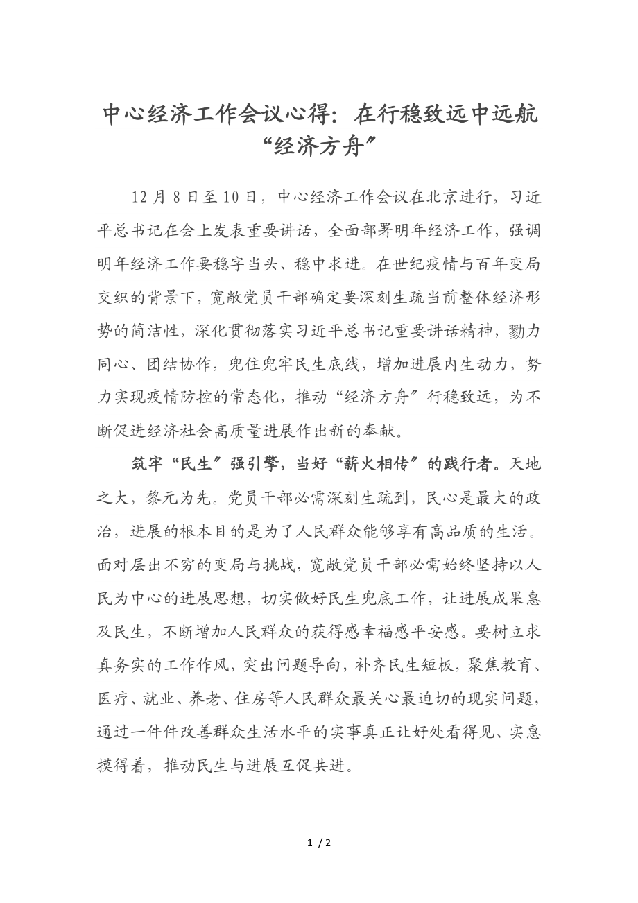 2023年中央经济工作会议心得：在行稳致远中远航“经济方舟”.doc_第1页