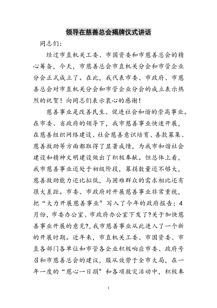 2023年领导在慈善总会揭牌仪式讲话范文.doc_第1页