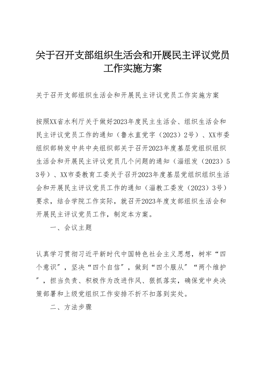 2023年关于召开支部组织生活会和开展民主评议党员工作实施方案 .doc_第1页