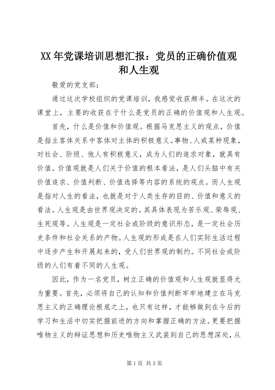 2023年党课培训思想汇报党员的正确价值观和人生观.docx_第1页