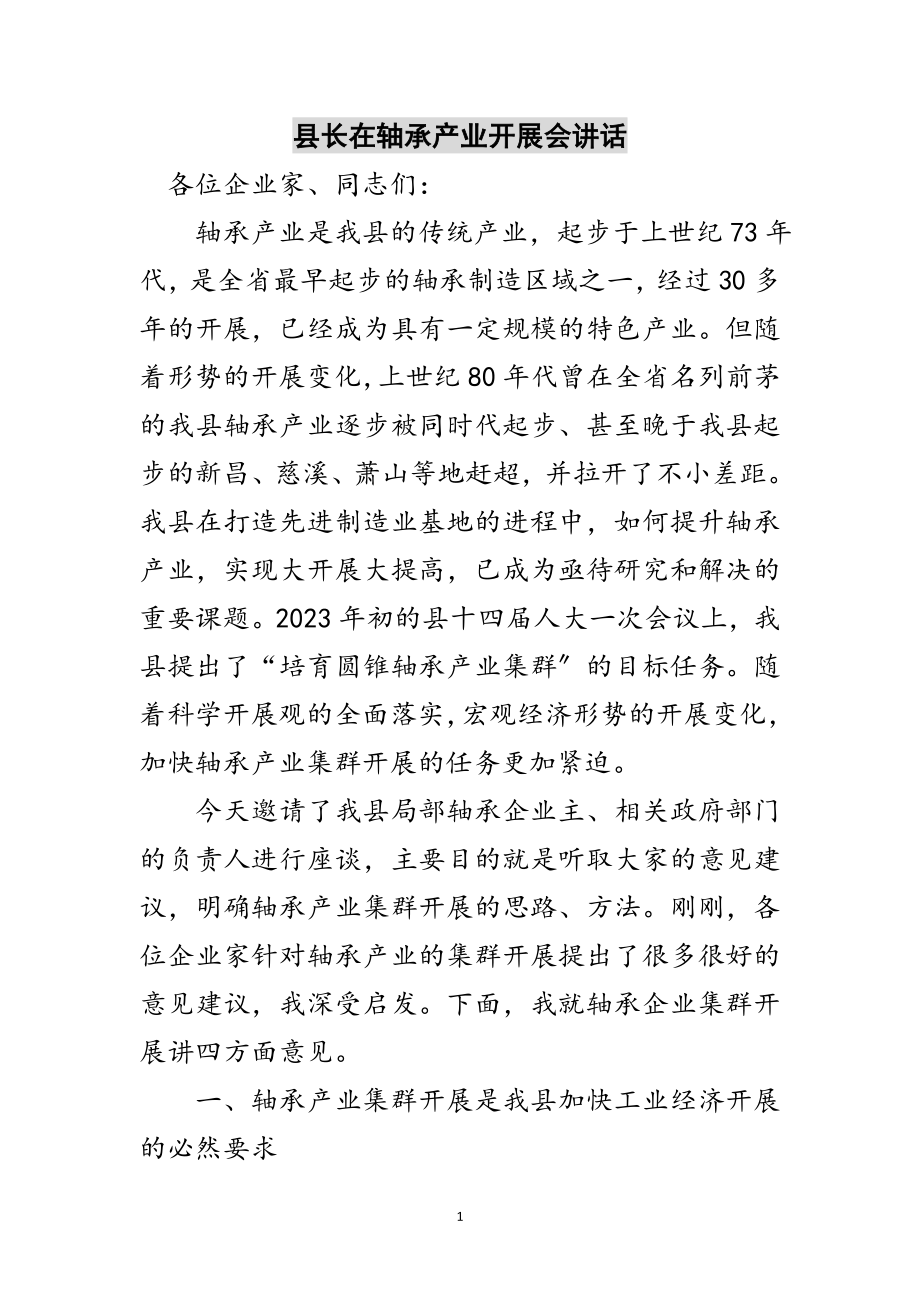 2023年县长在轴承产业发展会讲话范文.doc_第1页