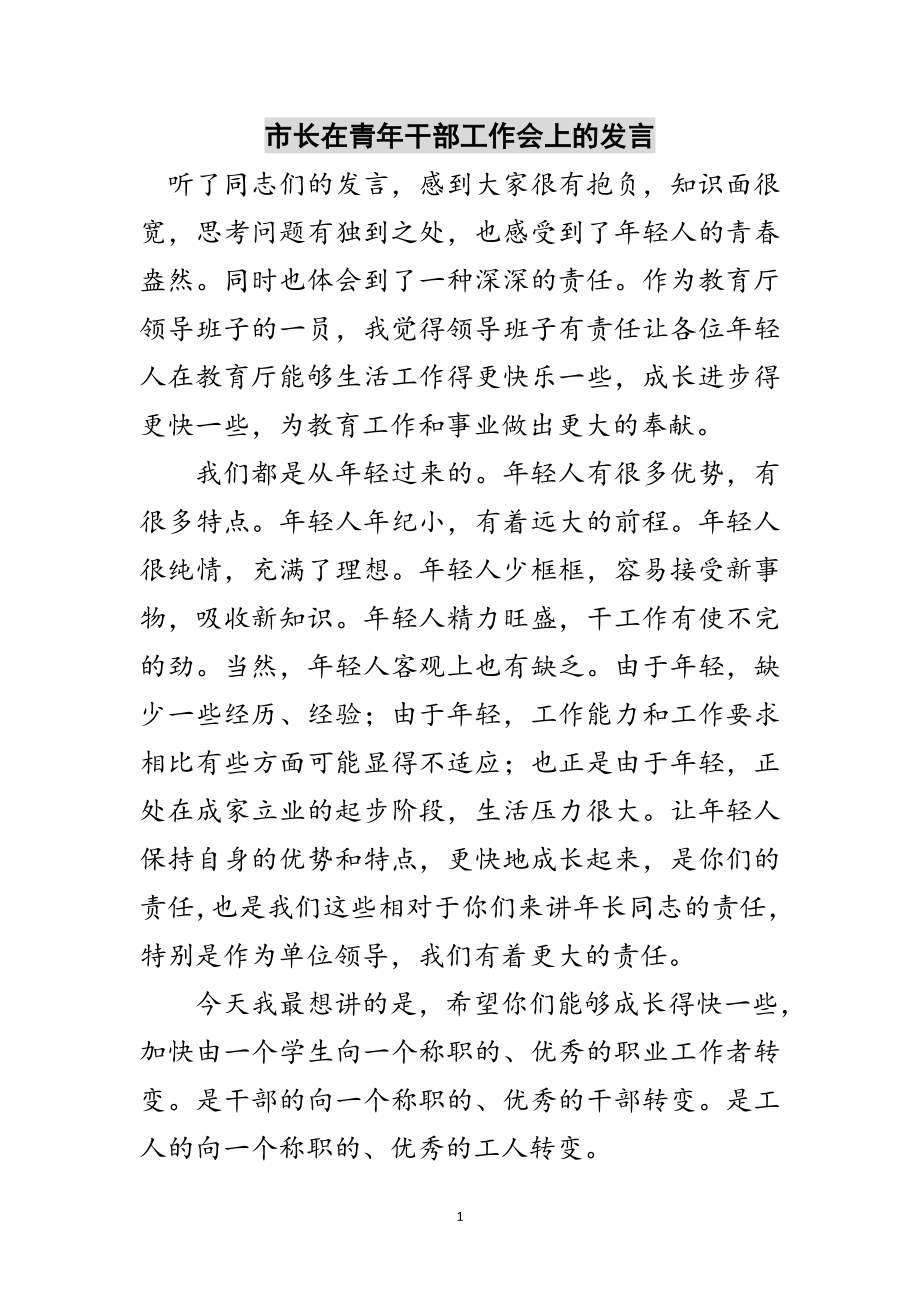 2023年市长在青年干部工作会上的发言范文.doc_第1页