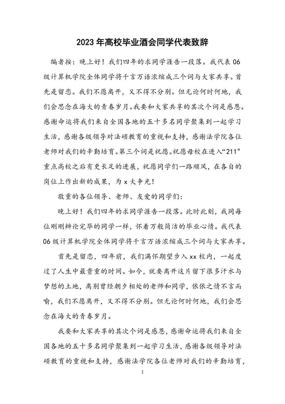 2023年大学毕业酒会学生代表致辞.docx_第1页