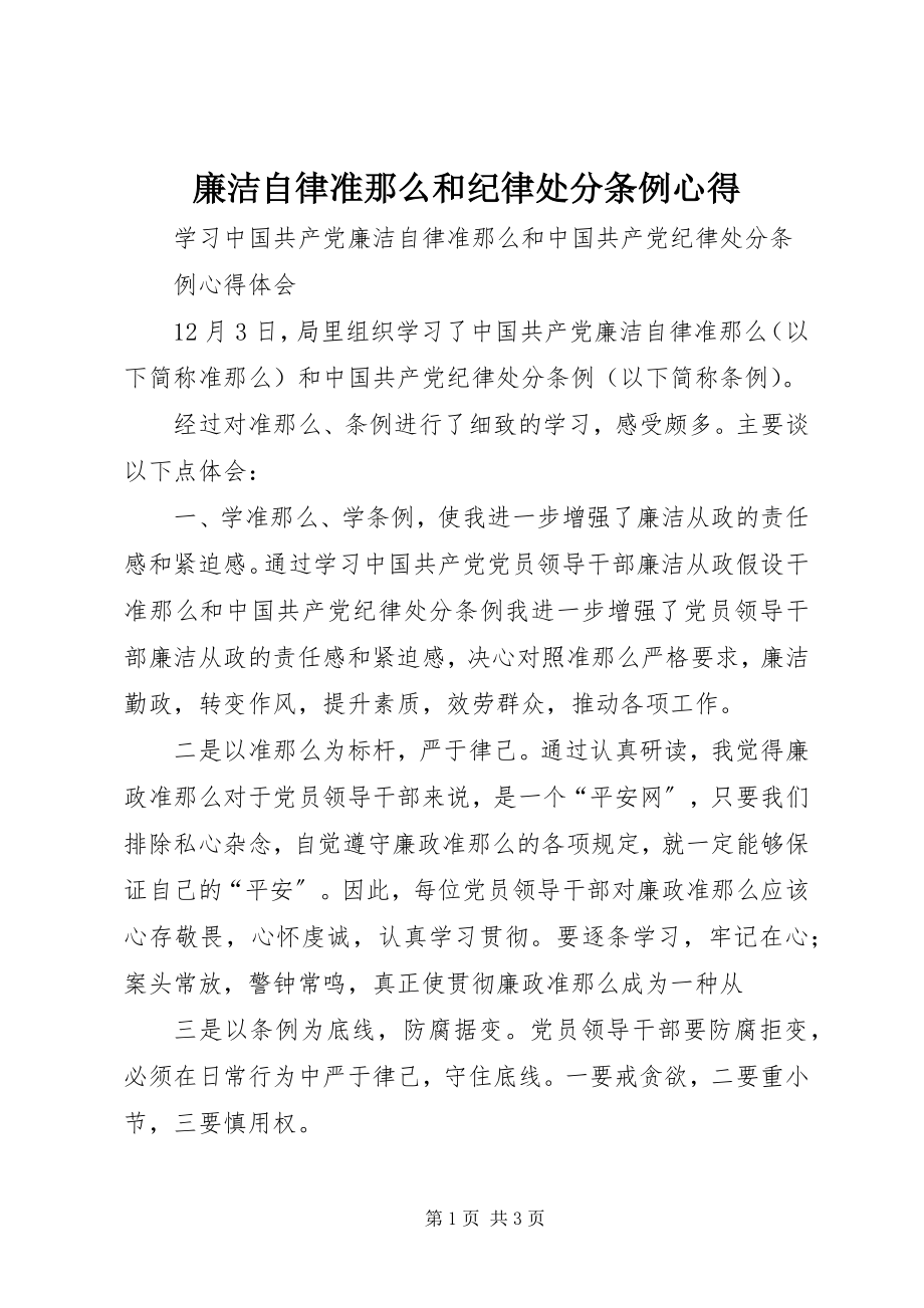 2023年廉洁自律准则和纪律处分条例心得.docx_第1页