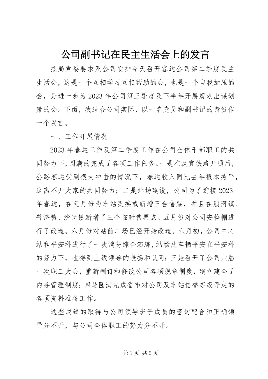 2023年公司副书记在民主生活会上的讲话.docx_第1页