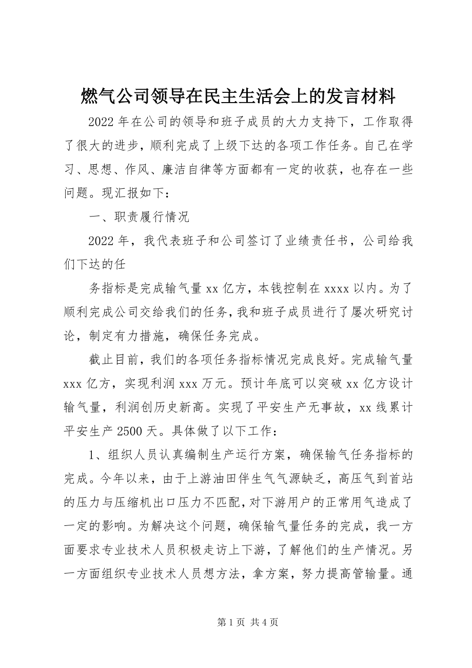 2023年燃气公司领导在民主生活会上的讲话材料.docx_第1页