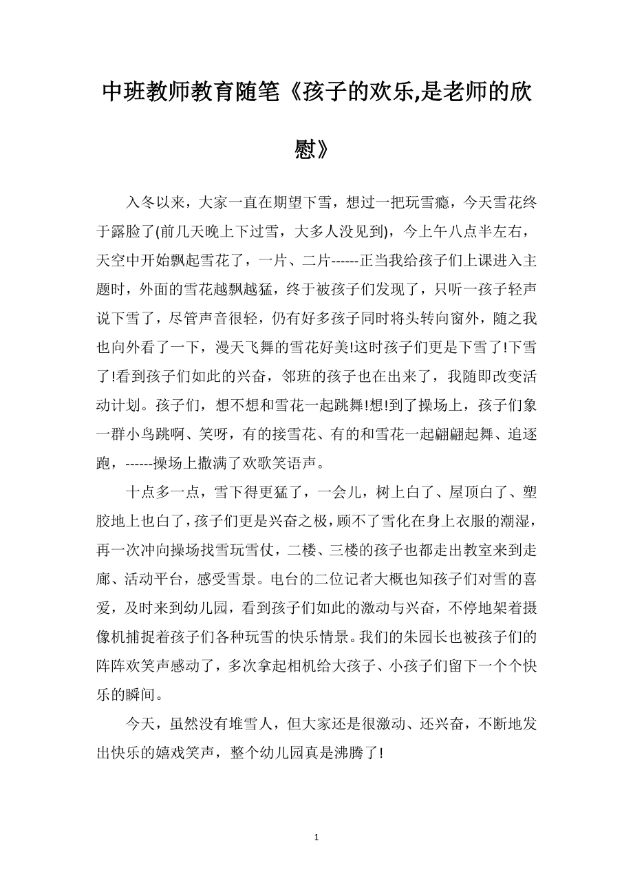 中班教师教育随笔《孩子的欢乐是老师的欣慰》.doc_第1页