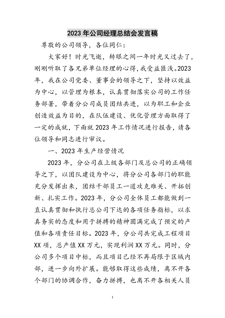 2023年年公司经理总结会发言稿范文.doc_第1页