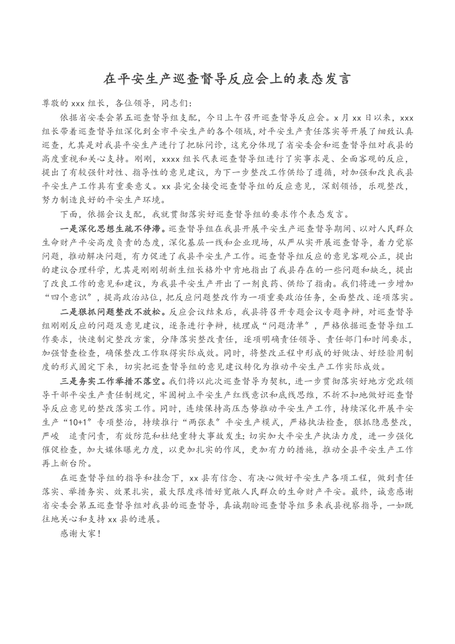 2023年在安全生产巡查督导反馈会上的表态发言.doc_第1页