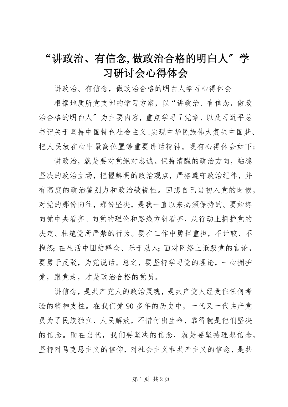 2023年“讲政治有信念做政治合格的明白人”学习研讨会心得体会新编.docx_第1页