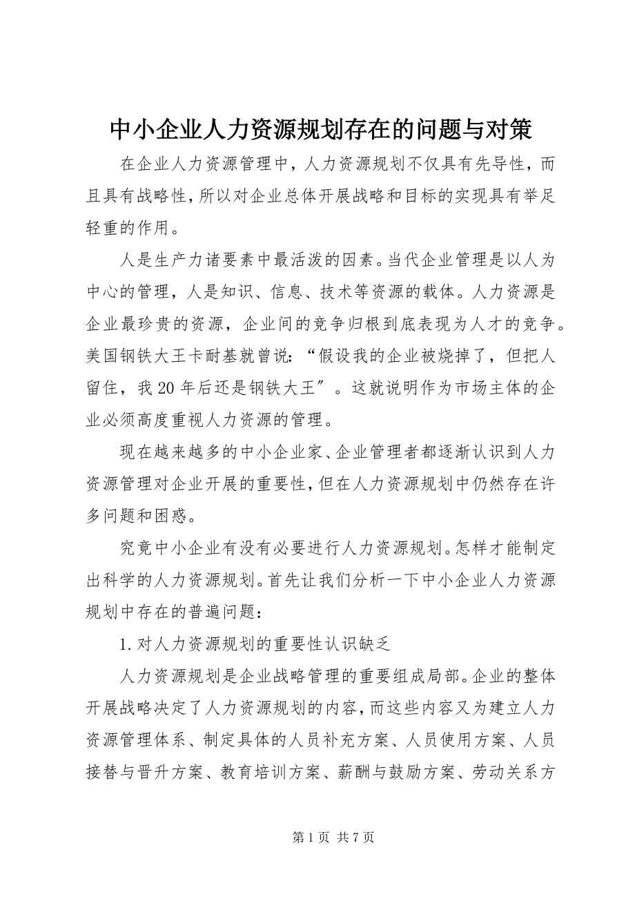 2023年中小企业人力资源规划存在的问题与对策.docx_第1页