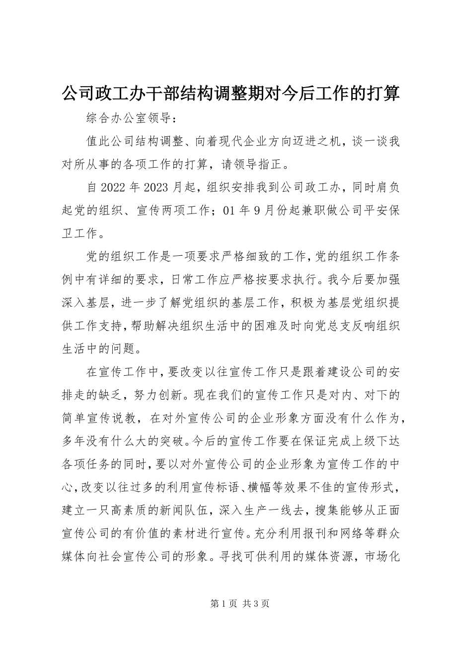 2023年公司政工办干部结构调整期对今后工作的打算.docx_第1页