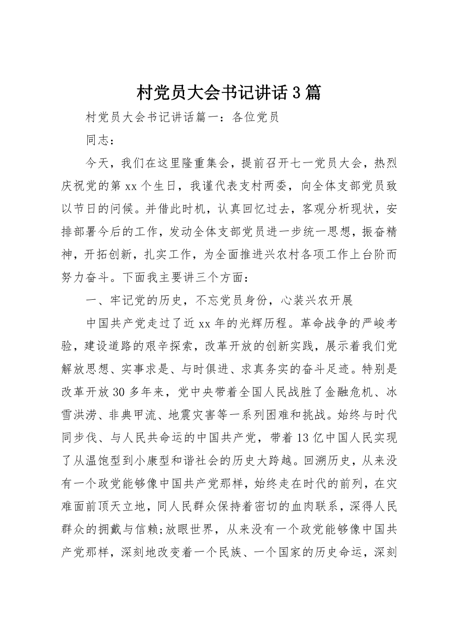 2023年村党员大会书记致辞3篇新编.docx_第1页